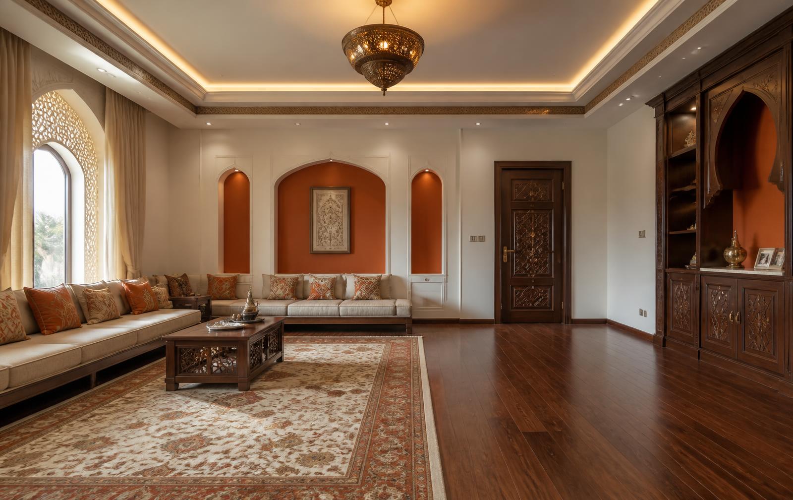 Finishing: Finishing — flooring, polish and warm lighting come on.