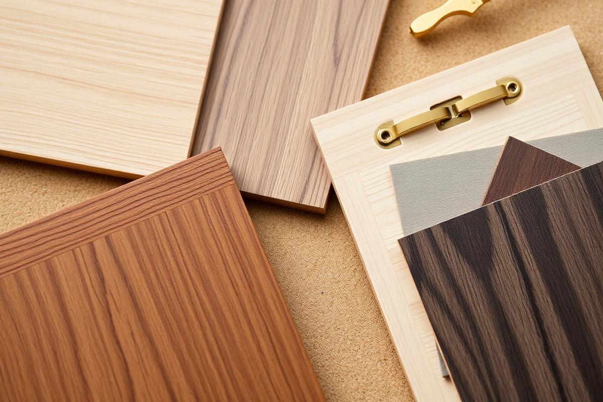 Close-up of veneer samples, laminates and brass hardware used by Royal Touch